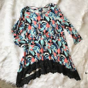 Kaari Blue Aqua Pink Black Lace Trimmed Hi Low Top